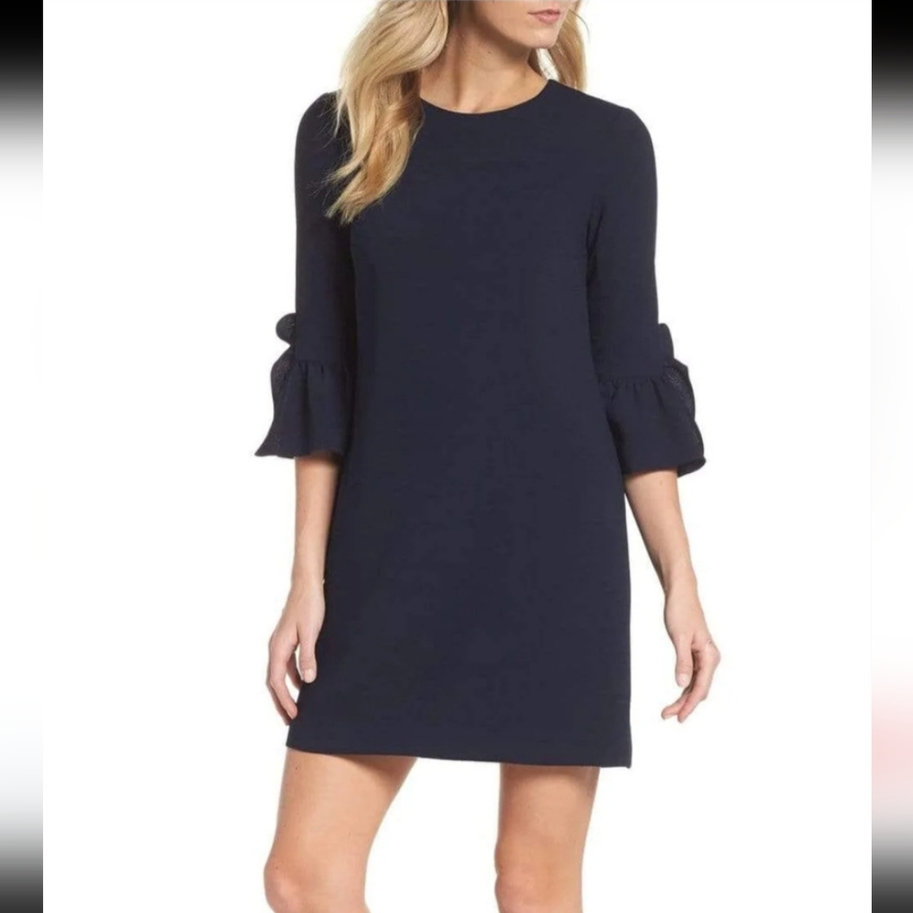 Women's Maggy London Petite Flounce Quarter Sleeve Column Mini Shift Dress, 4P